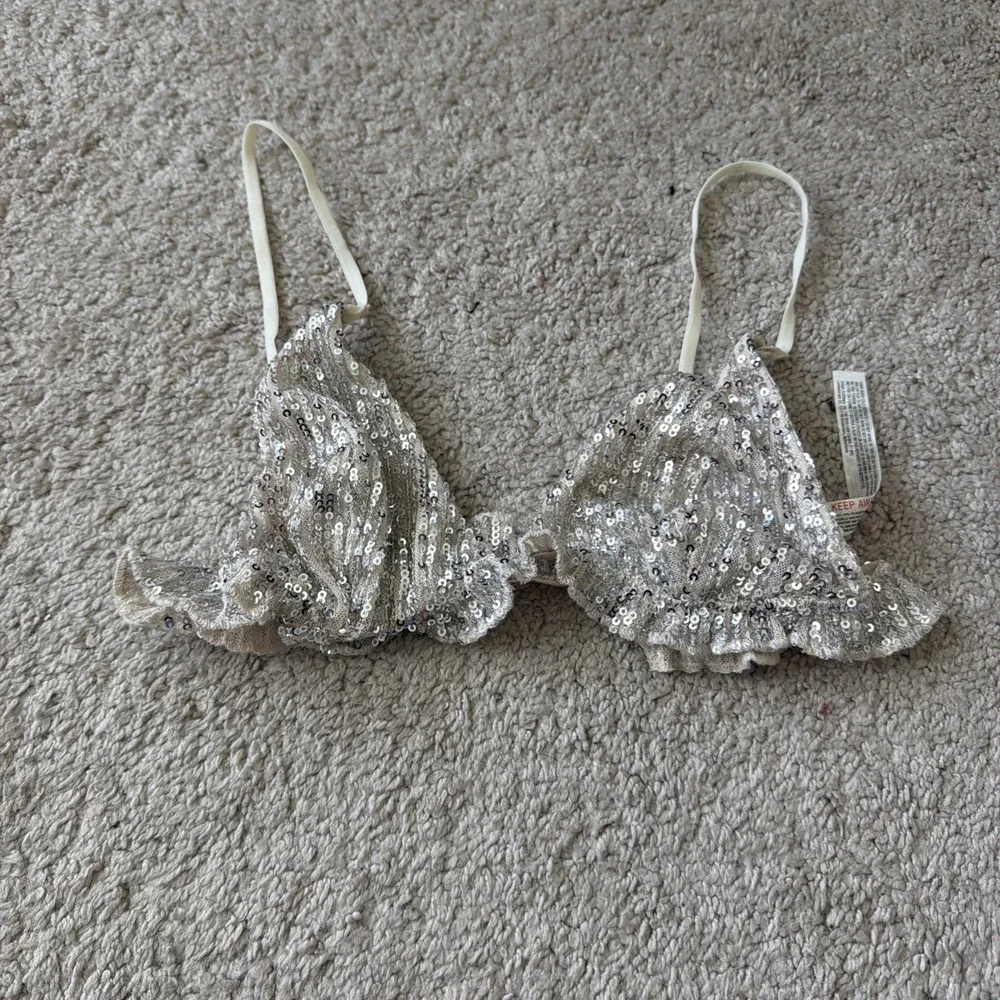 Free People Gold Rush Silver Sequined Bra Bralette Top XS Festival Wear Boho